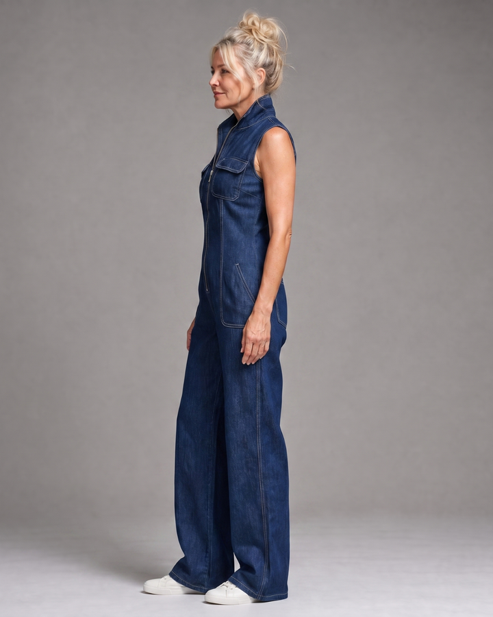 Samantha | Reißverschluss-Front Ärmelloses Denim Weitbeiniges Jumpsuit