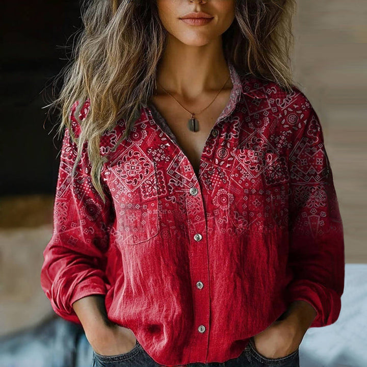 Maya | Damen Hemdbluse Langarm Boho Muster mit Brusttaschen