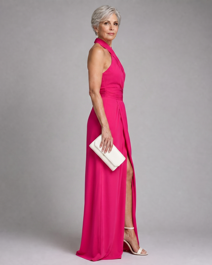 Vaelora | Kreuz Halter Drapiertes Midi Kleid