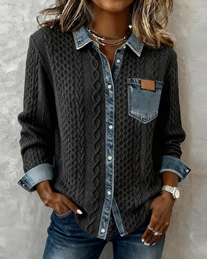 Dana | Damen-Strickjacke mit langen Ärmeln und Denim-Details
