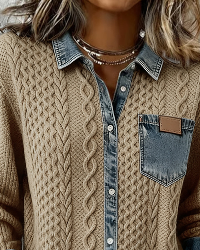 Dana | Damen-Strickjacke mit langen Ärmeln und Denim-Details