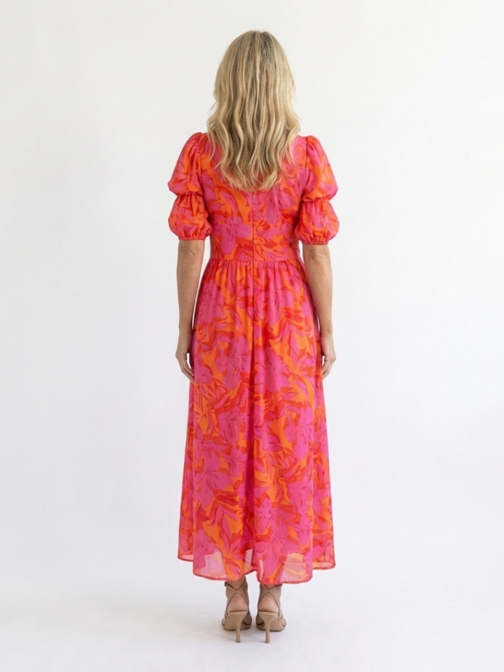 Willow | Blumiger V-Ausschnitt Midi-Kleid mit Puffärmeln
