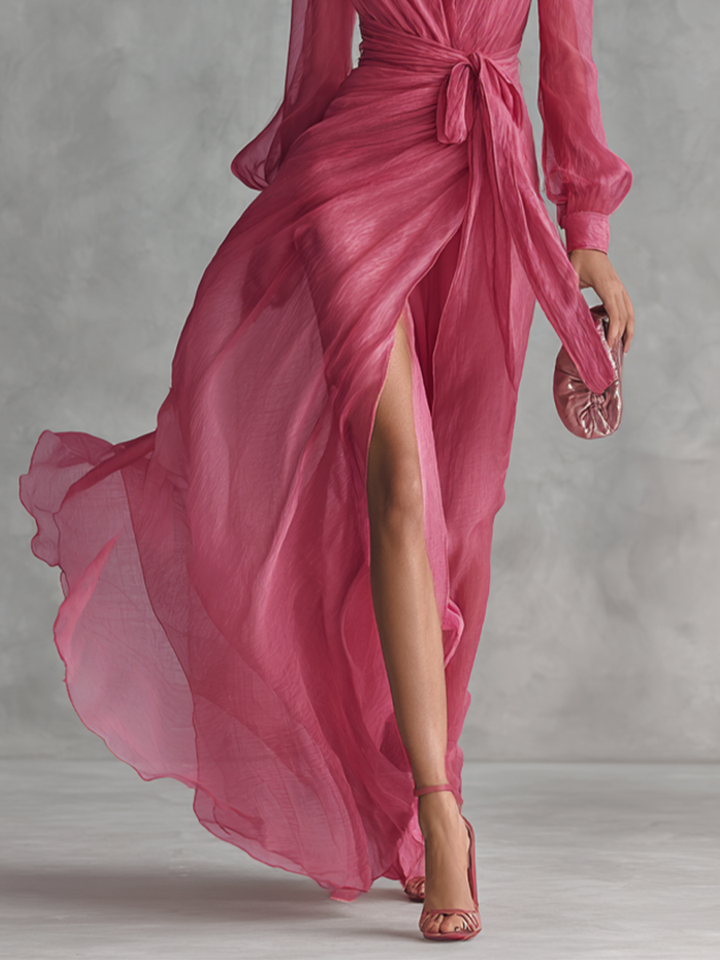 Ingeborg | Roze Chiffon Jurk V-Hals