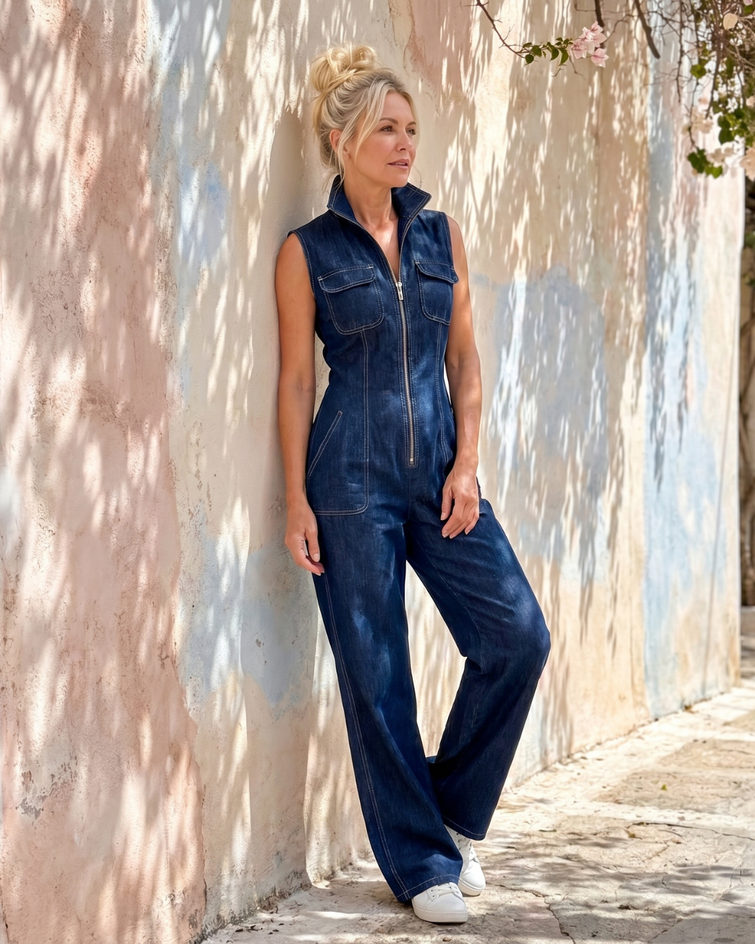 Samantha | Reißverschluss-Front Ärmelloses Denim Weitbeiniges Jumpsuit