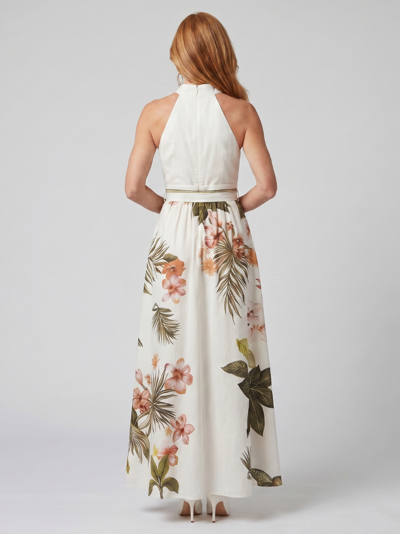 Wiese | Drapiertes Halter-Botanisches Panel-Maxikleid