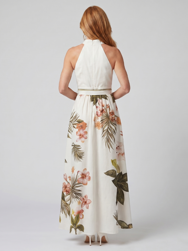 Wiese | Drapiertes Halter-Botanisches Panel-Maxikleid