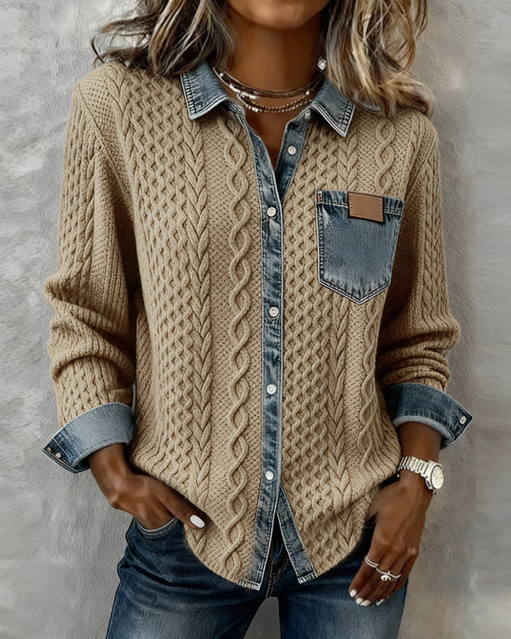 Dana | Damen-Strickjacke mit langen Ärmeln und Denim-Details