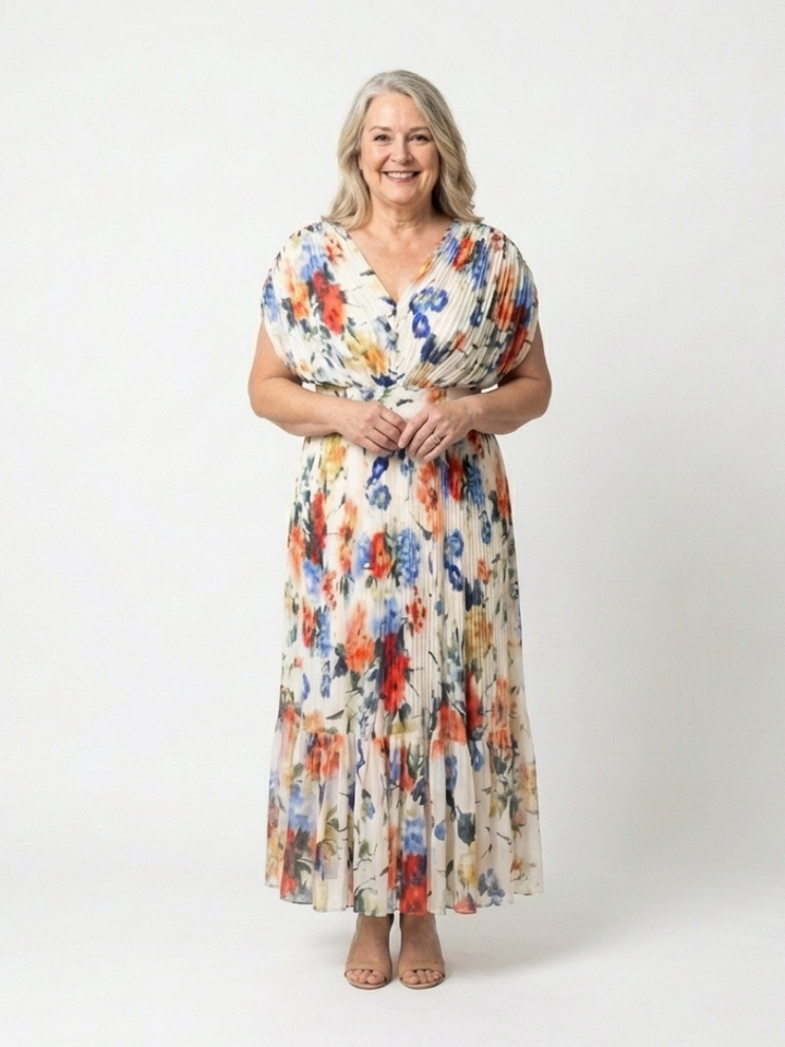 Savannah | Kurzes, ärmelloses, plissiertes Midi-Kleid