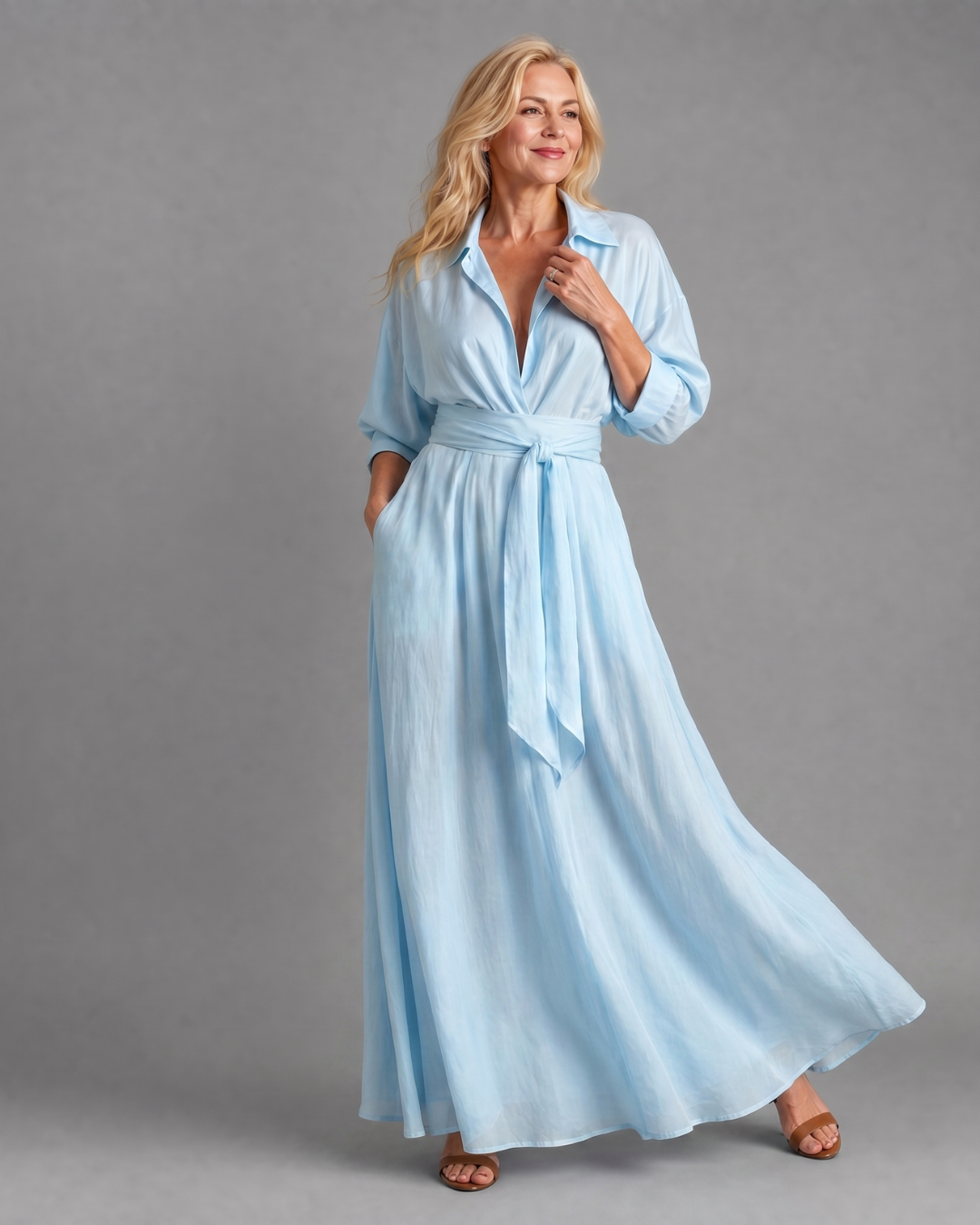 Zelith | Midikleid mit Gürtel und Kragen, fließende lange Ärmel