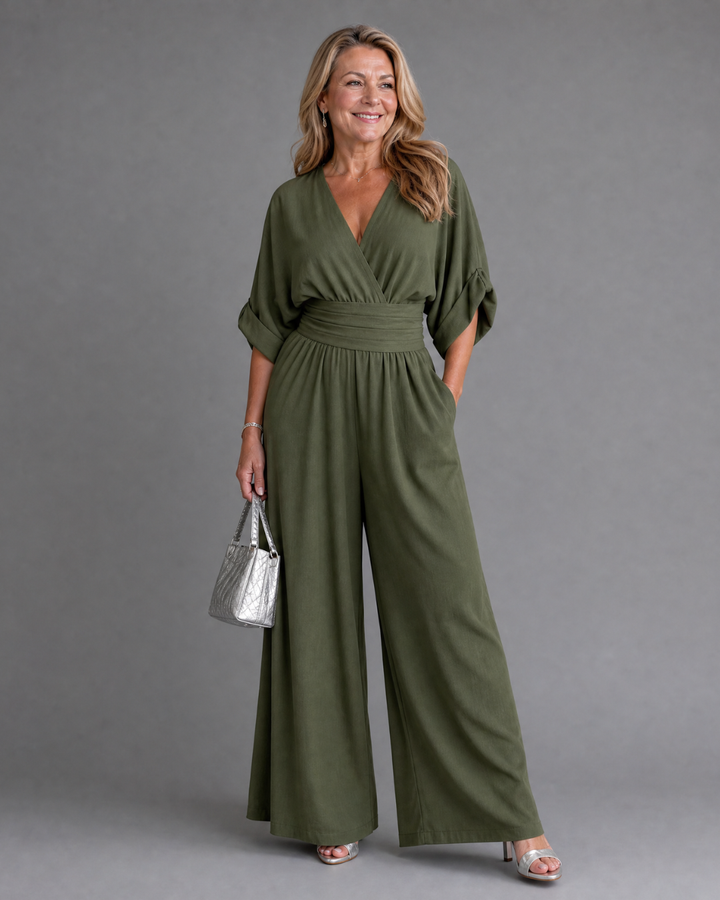 Emene | Drapierter V-Ausschnitt Weitbeiniger Lässiger Jumpsuit