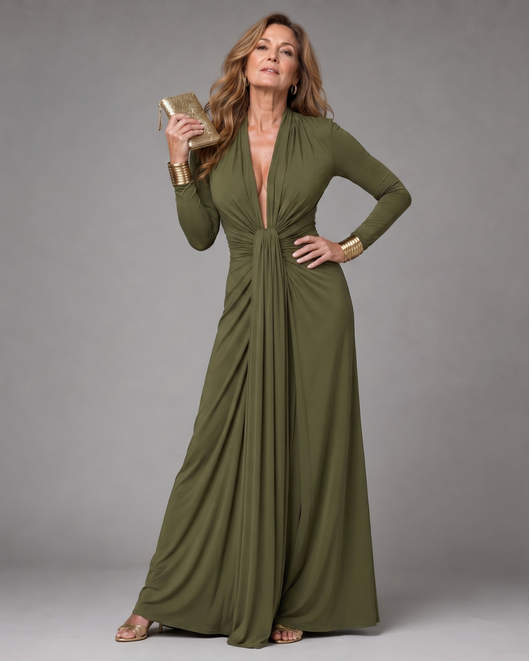 Vimmer | Drapiertes Deep V Neck Langarm-Maxikleid
