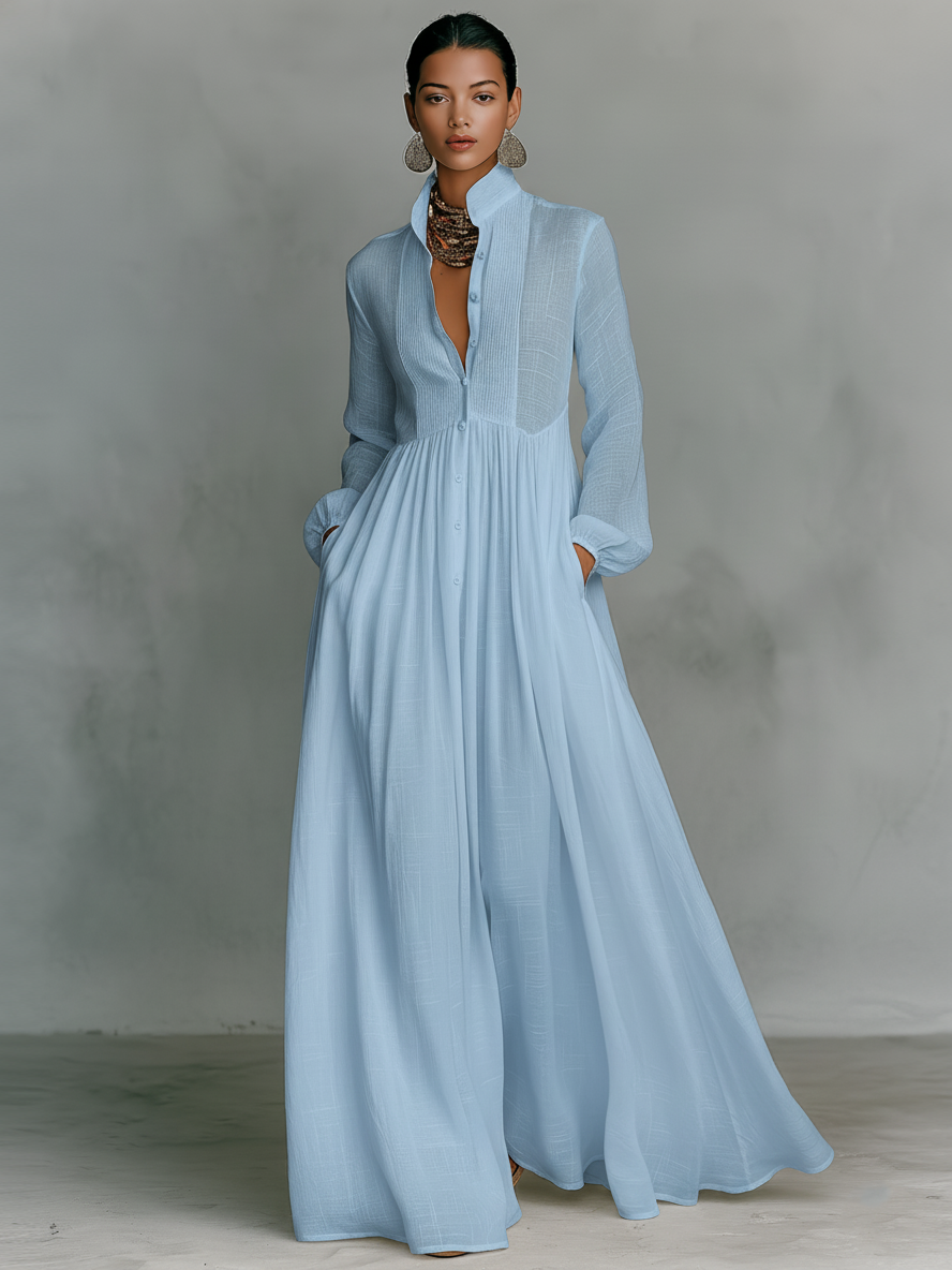 Brunhilde | Patchwork Leinen Maxi Kleid Stehkragen