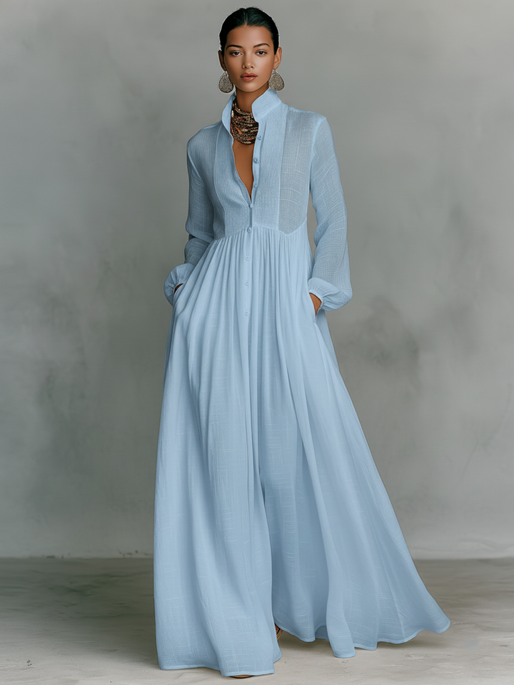 Brunhilde | Patchwork Leinen Maxi Kleid Stehkragen
