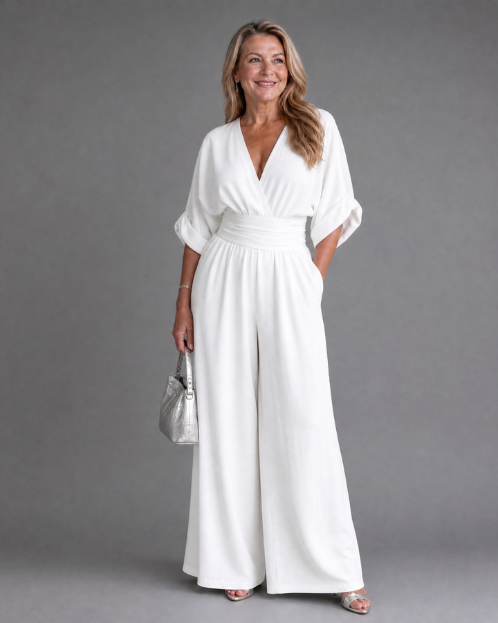Emene | Drapierter V-Ausschnitt Weitbeiniger Lässiger Jumpsuit