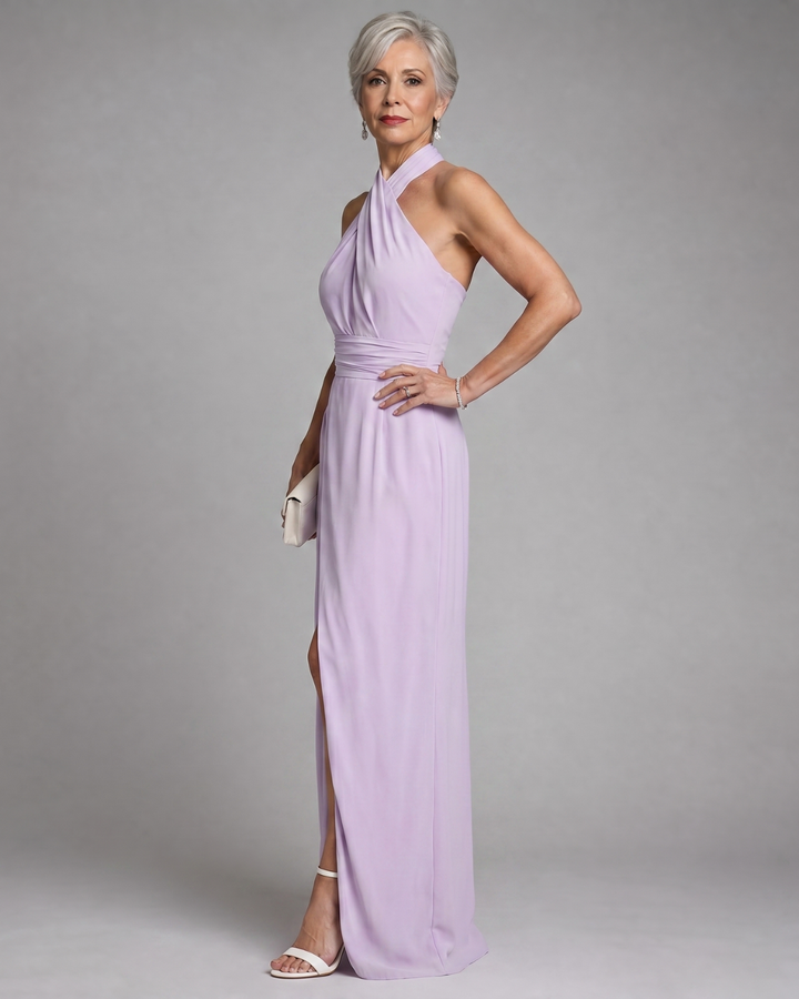 Vaelora | Kreuz Halter Drapiertes Midi Kleid