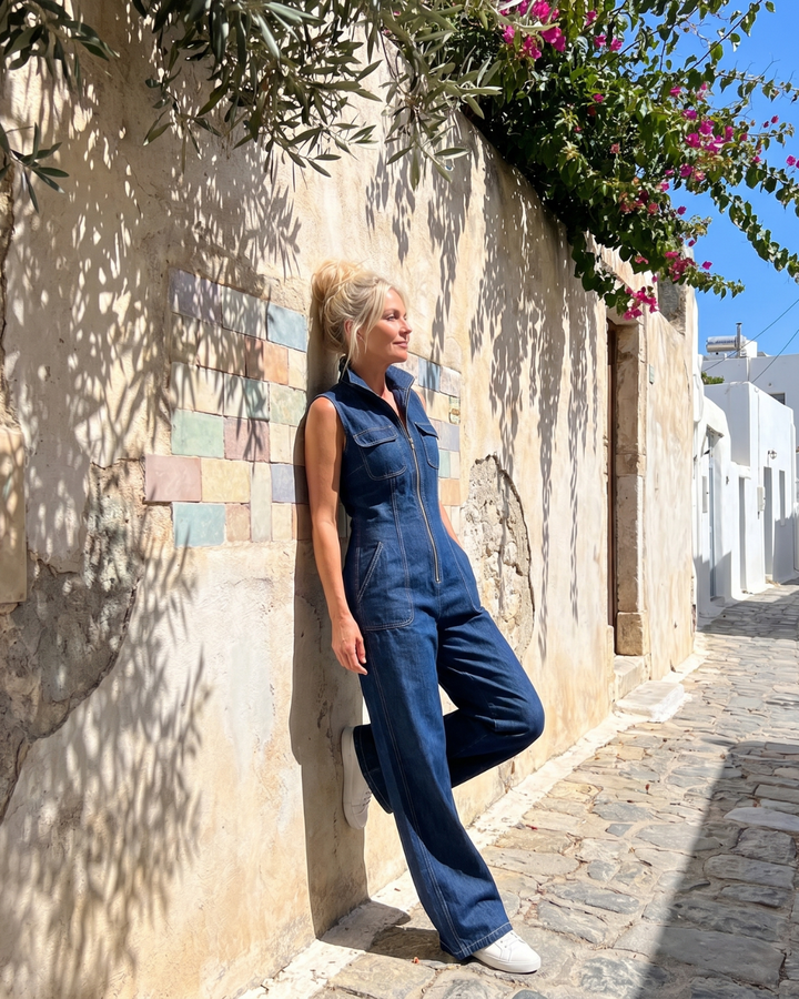 Samantha | Reißverschluss-Front Ärmelloses Denim Weitbeiniges Jumpsuit