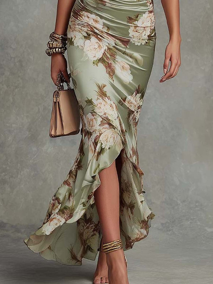 Anastasia | Asymmetrisches langes Kleid aus grünem Satin