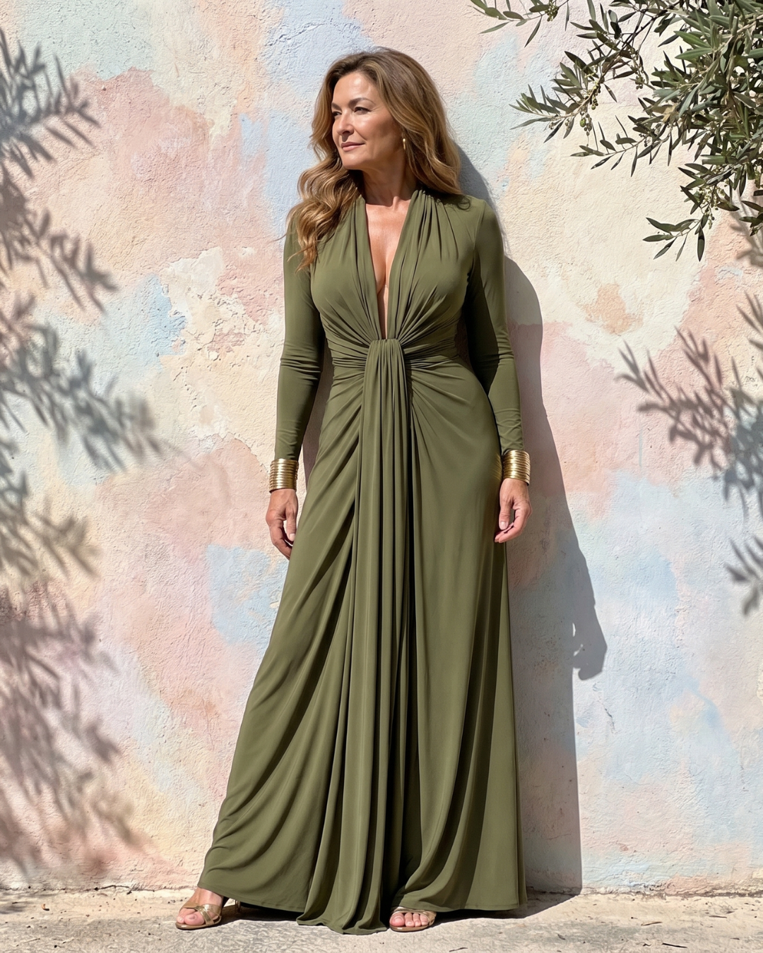 Vimmer | Drapiertes Deep V Neck Langarm-Maxikleid