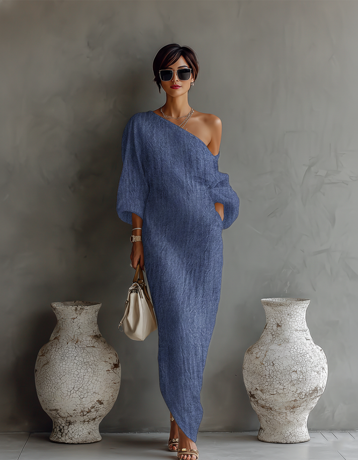 Ximena | Elfenbein Leinen Kleid Schulterfrei