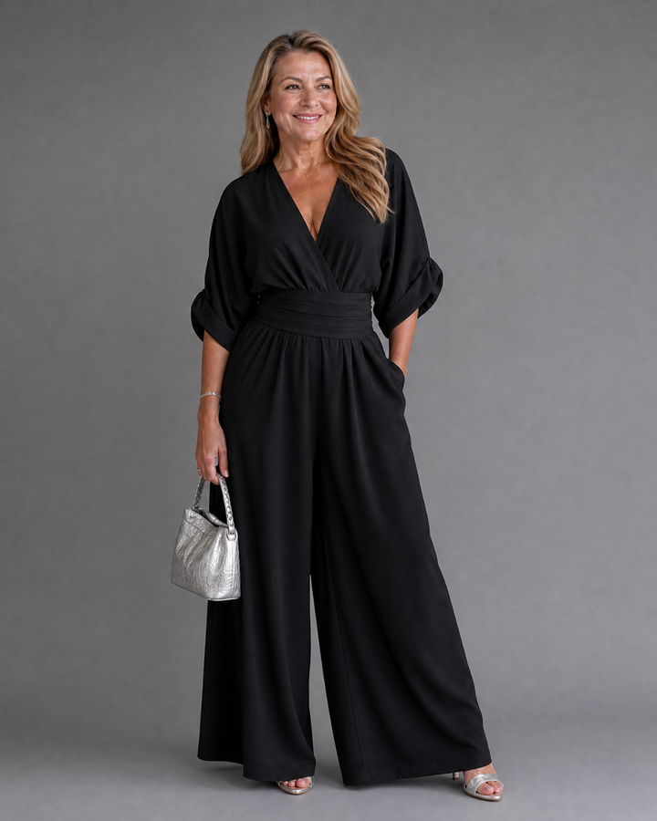 Emene | Drapierter V-Ausschnitt Weitbeiniger Lässiger Jumpsuit