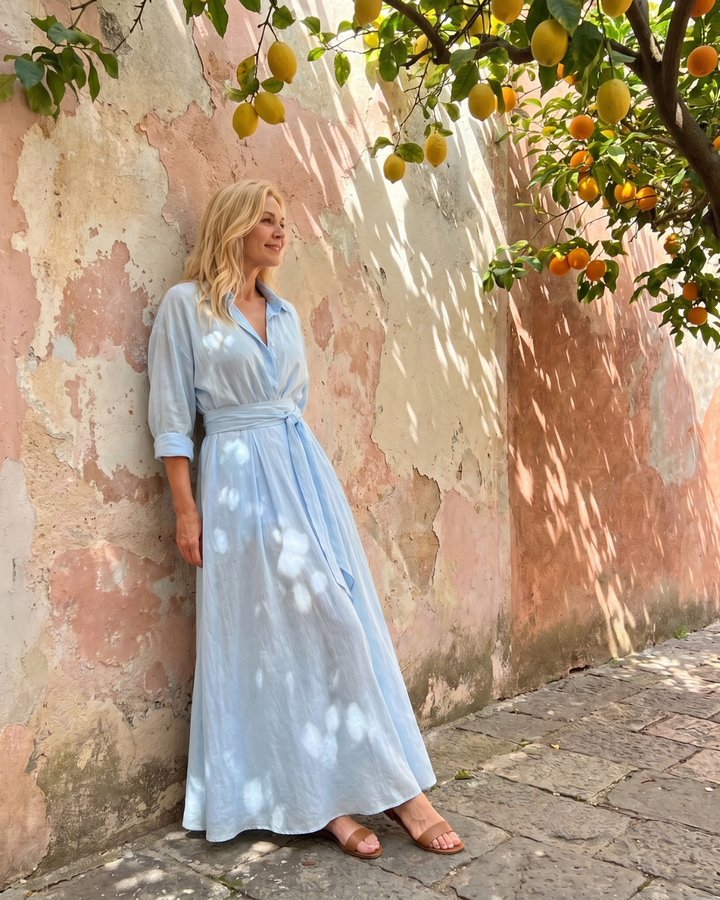 Zelith | Midikleid mit Gürtel und Kragen, fließende lange Ärmel