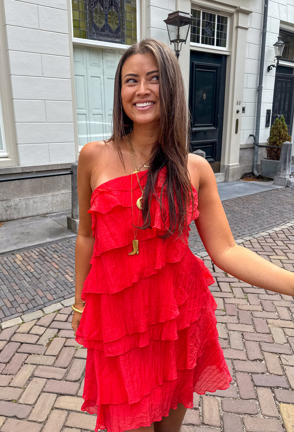 Mini Kleid Damen Rüschen Asymmetrisch Schulterträger Casual Sommer