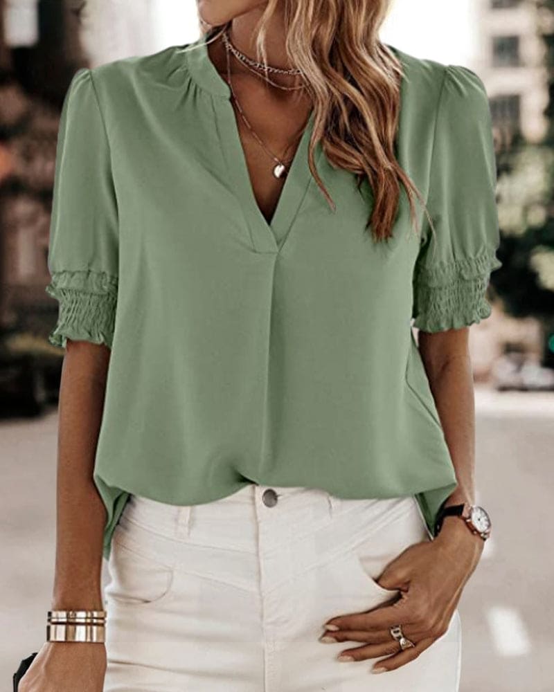 Jolie | Damen Chiffon Bluse Kurzarm V-Ausschnitt Puffärmel