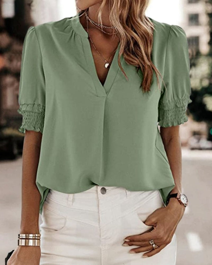 Jolie | Damen Chiffon Bluse Kurzarm V-Ausschnitt Puffärmel
