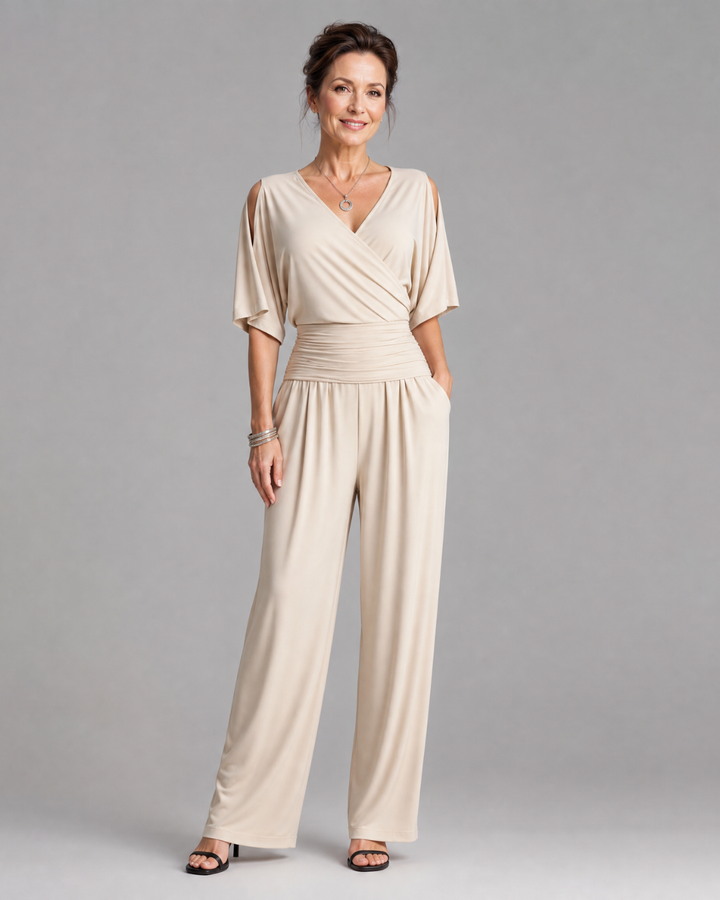 Nyxara | Kalt-Schulter Wickel Taille Entspanntes Jumpsuit