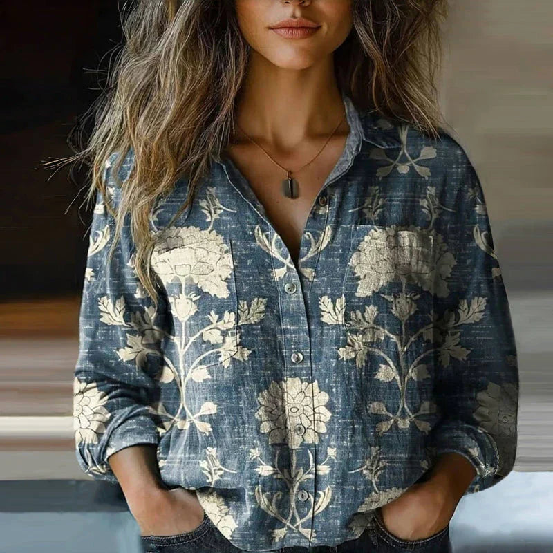 Maya | Damen Hemdbluse Langarm Boho Muster mit Brusttaschen