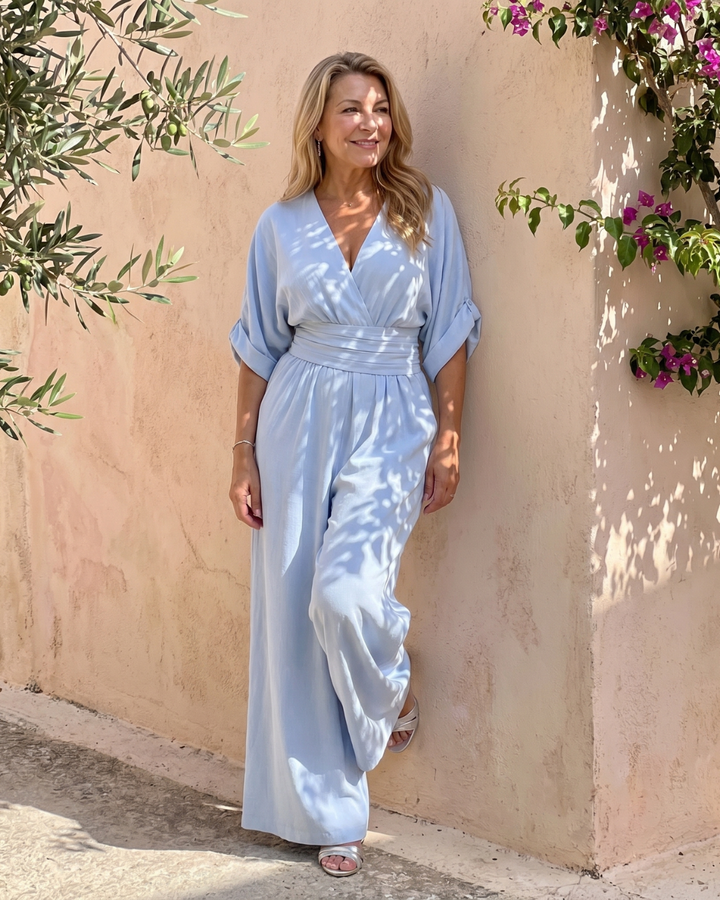 Emene | Drapierter V-Ausschnitt Weitbeiniger Lässiger Jumpsuit