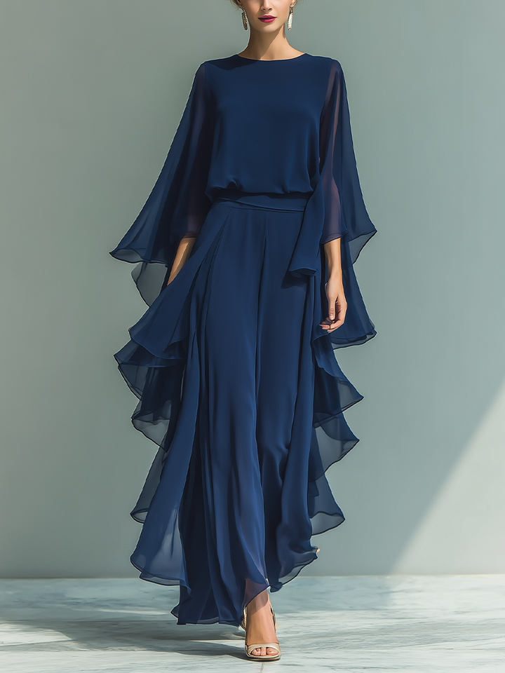 Klara | Marineblau Chiffon Set Rüschen