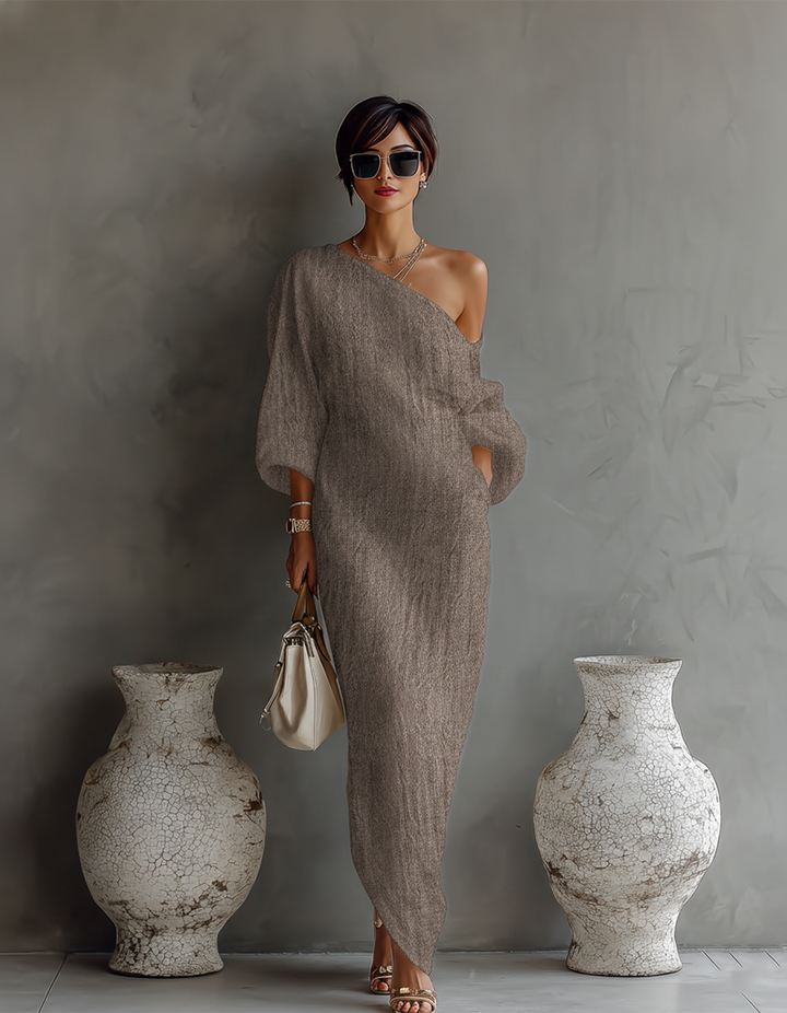 Ximena | Elfenbein Leinen Kleid Schulterfrei