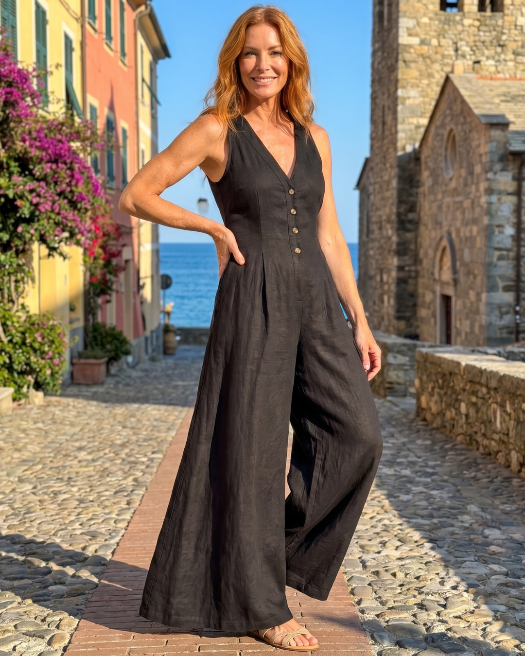 Lyssara | Ärmelloser Jumpsuit mit Knopfverschluss und weitem Bein