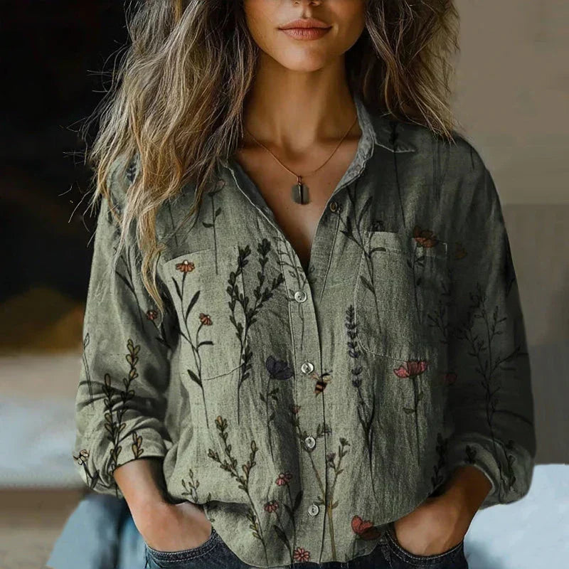 Maya | Damen Hemdbluse Langarm Boho Muster mit Brusttaschen