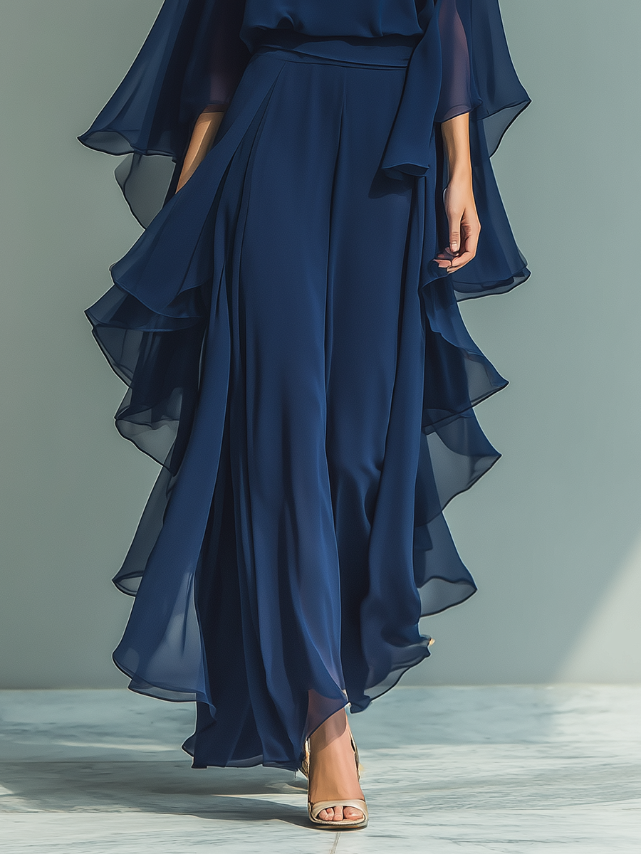 Klara | Marineblau Chiffon Set Rüschen