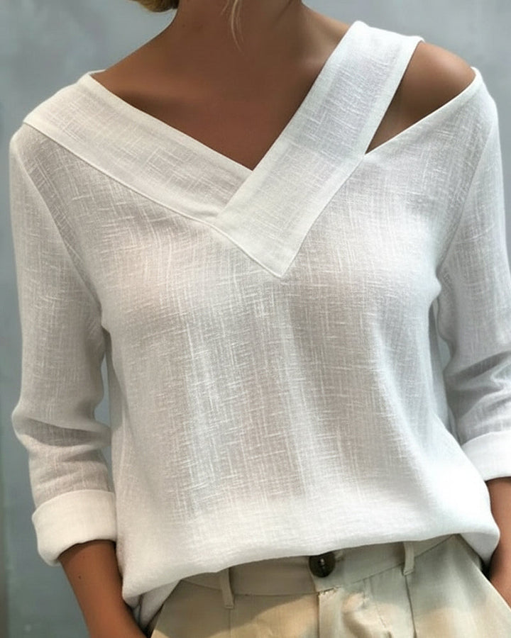 Léa | Damen Top Asymmetrischer V-Ausschnitt Langarm Oberteil