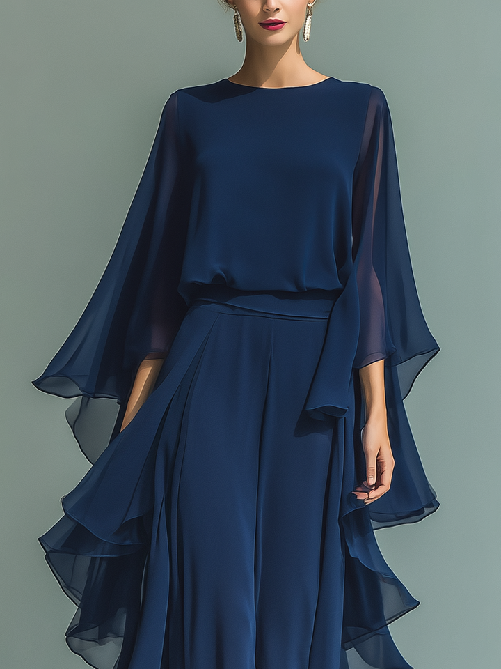 Klara | Marineblau Chiffon Set Rüschen