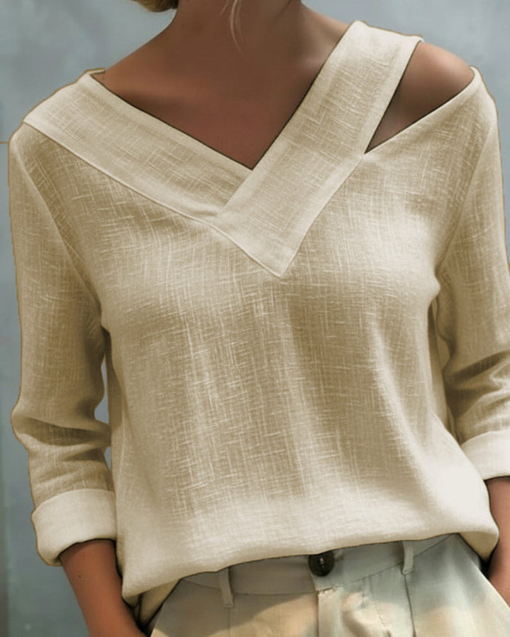 Léa | Damen Top Asymmetrischer V-Ausschnitt Langarm Oberteil
