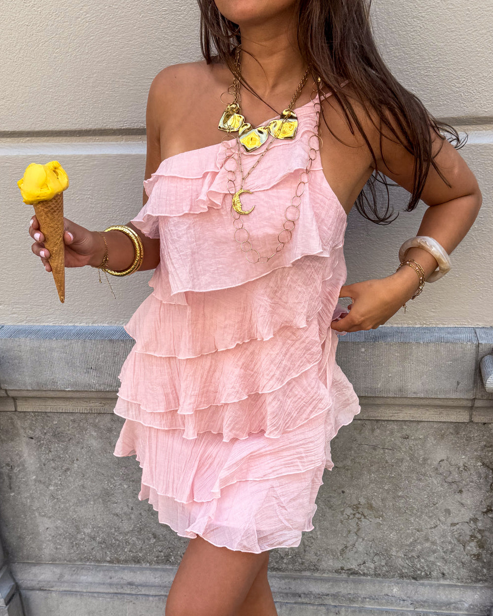 Mini Kleid Damen Rüschen Asymmetrisch Schulterträger Casual Sommer