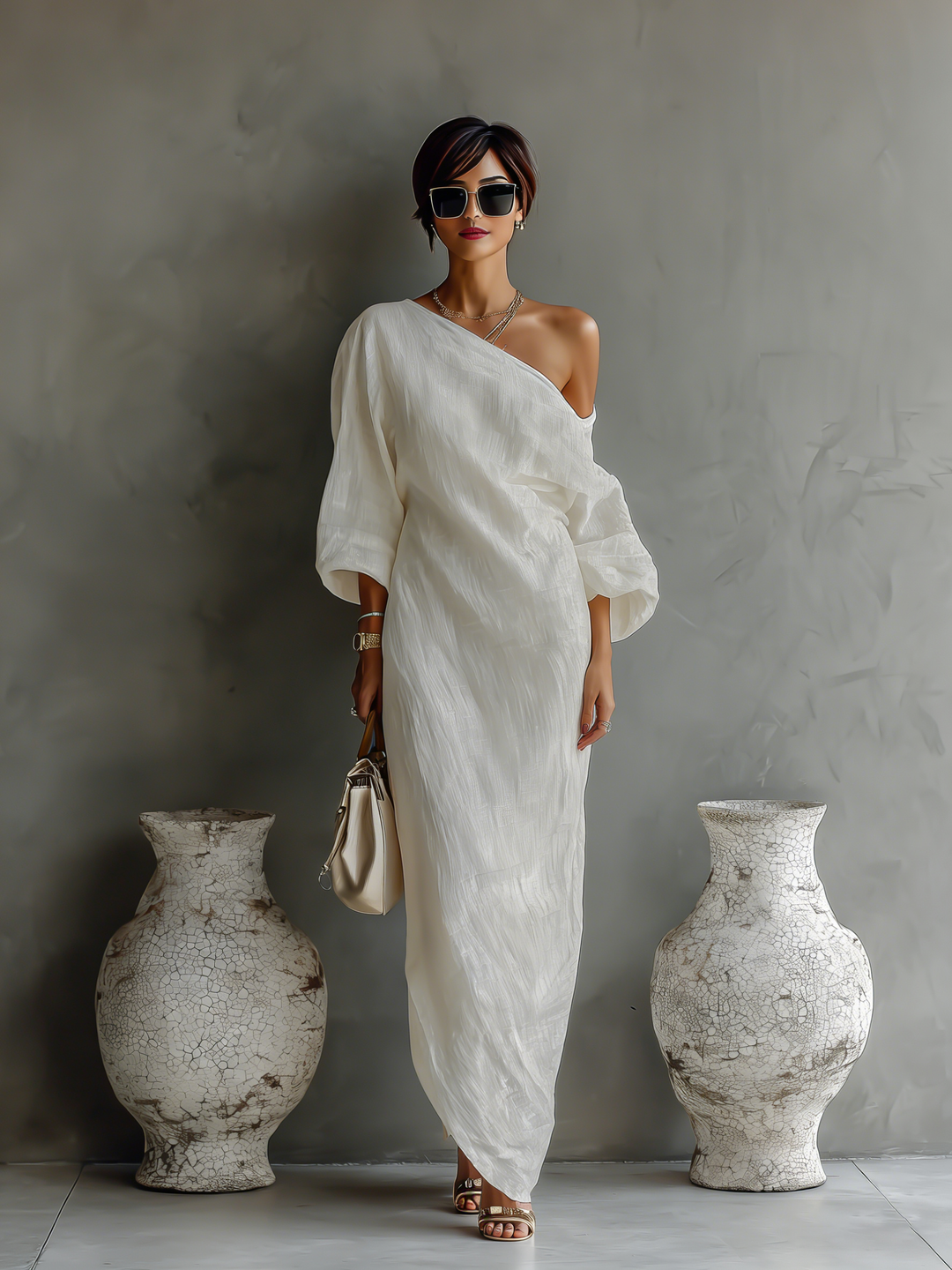Ximena | Elfenbein Leinen Kleid Schulterfrei