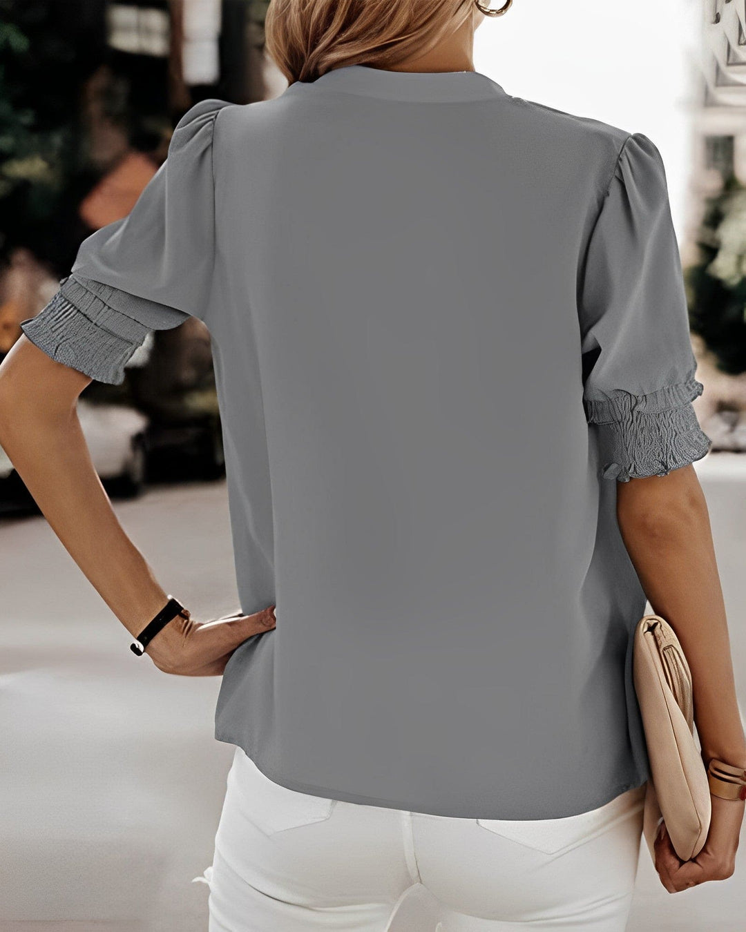 Jolie | Damen Chiffon Bluse Kurzarm V-Ausschnitt Puffärmel