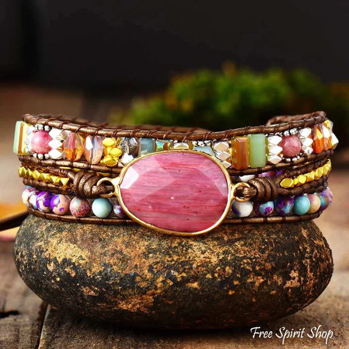 Natürlicher Rhodonit- & Jasper-Wickelarmband