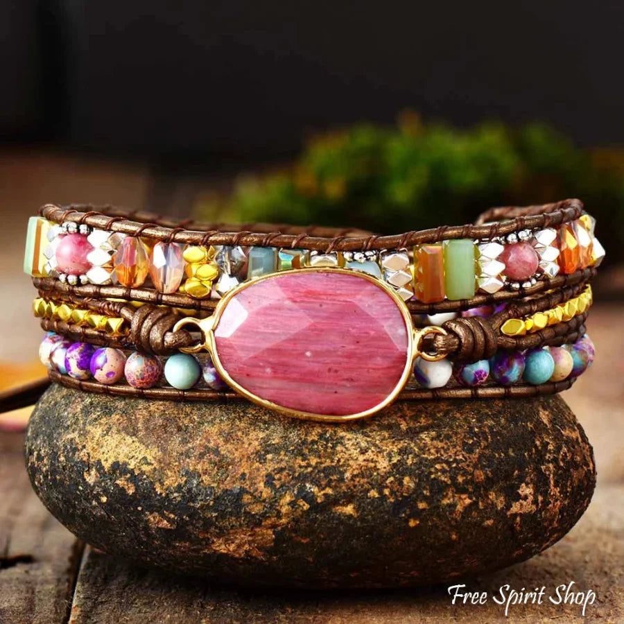 Natürlicher Rhodonit- & Jasper-Wickelarmband