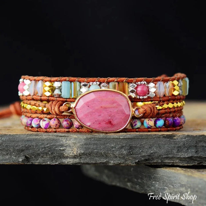 Natürlicher Rhodonit- & Jasper-Wickelarmband
