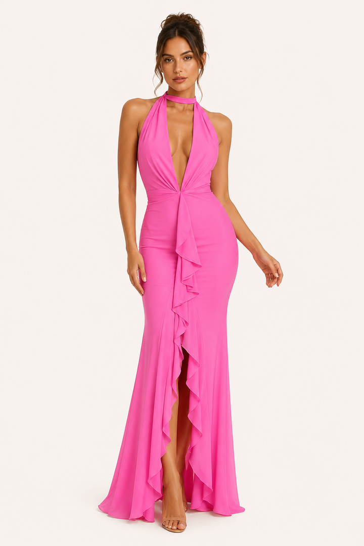 Langes Neckholderkleid mit Frontschlitz für Frauen - Romy