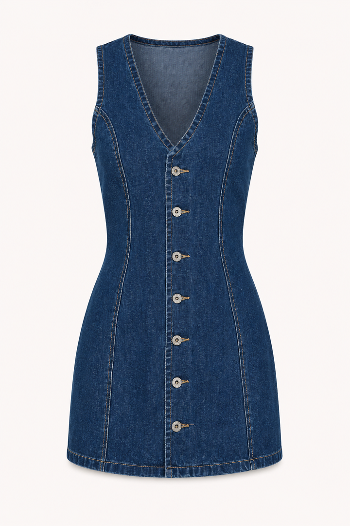 Kurzes Jeanskleid für Damen mit V-Ausschnitt und Knöpfen - Ilse