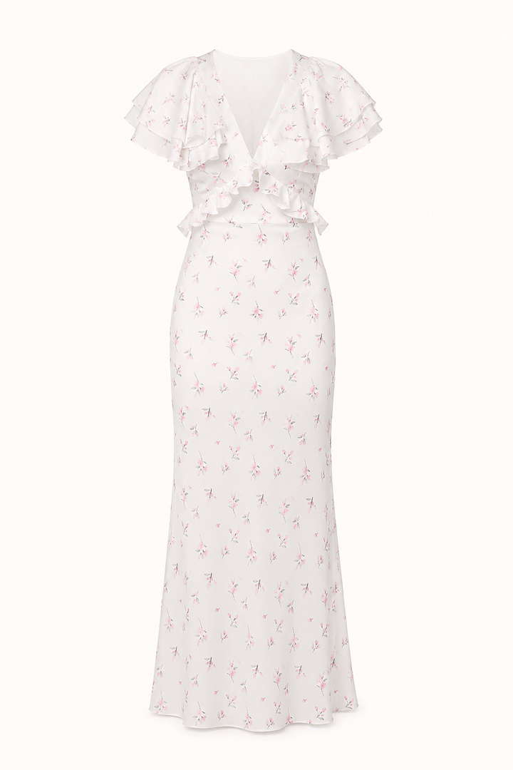 Damen Midikleid mit Blumendruck Rüsche elegant lässig - Hedda
