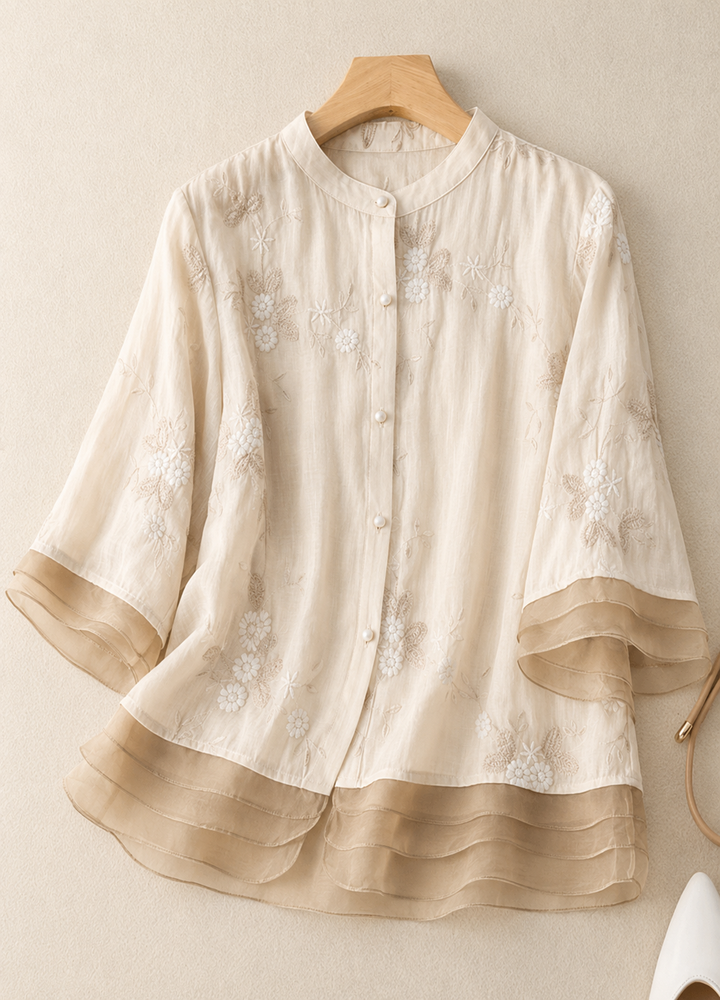 Floriane | Damen Bluse Blumenstickerei Rundhals Chiffon
