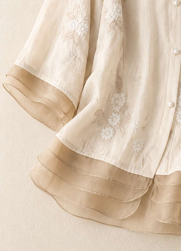 Floriane | Damen Bluse Blumenstickerei Rundhals Chiffon